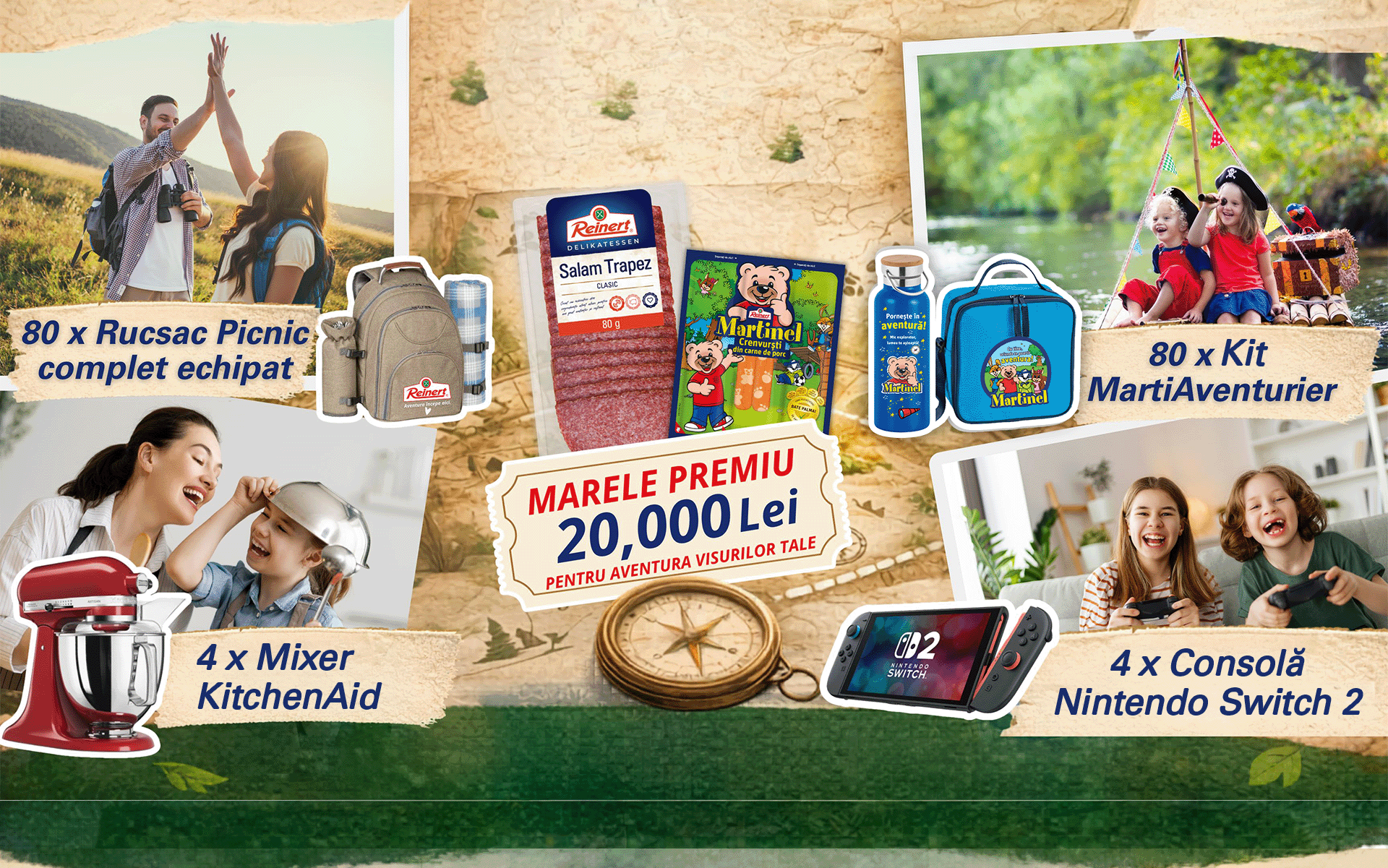 Câștigă premii: 80 x Rucsac Picnic complet echipat, 4 x Mixer KitchenAid, 80 x Kit MartiAventurier, 4 x Consolă Nintendo Switch 2, Marele Premiu 20.000 lei